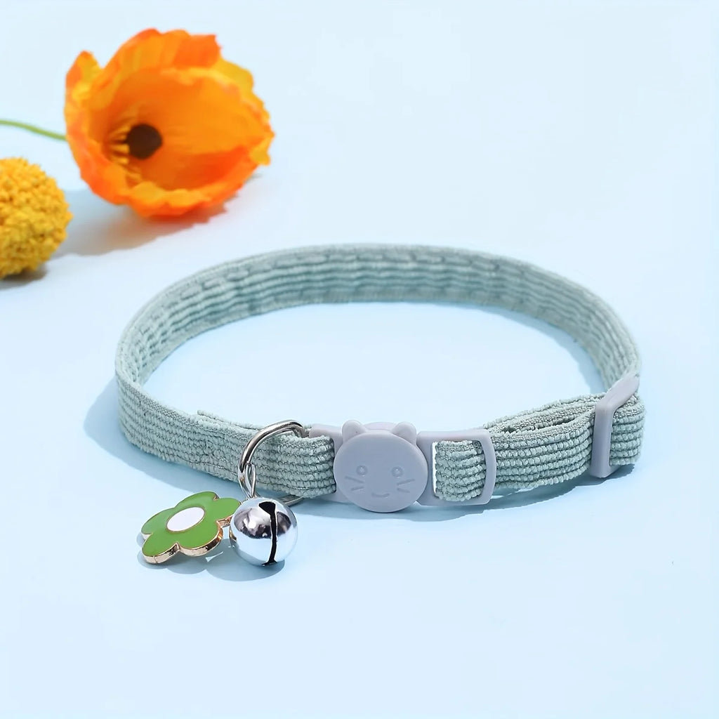 Adjustable Cat Collar with Bell, Safety Snap Hook, Polyester Material, Small Breed Recommended, Flower Charm Design