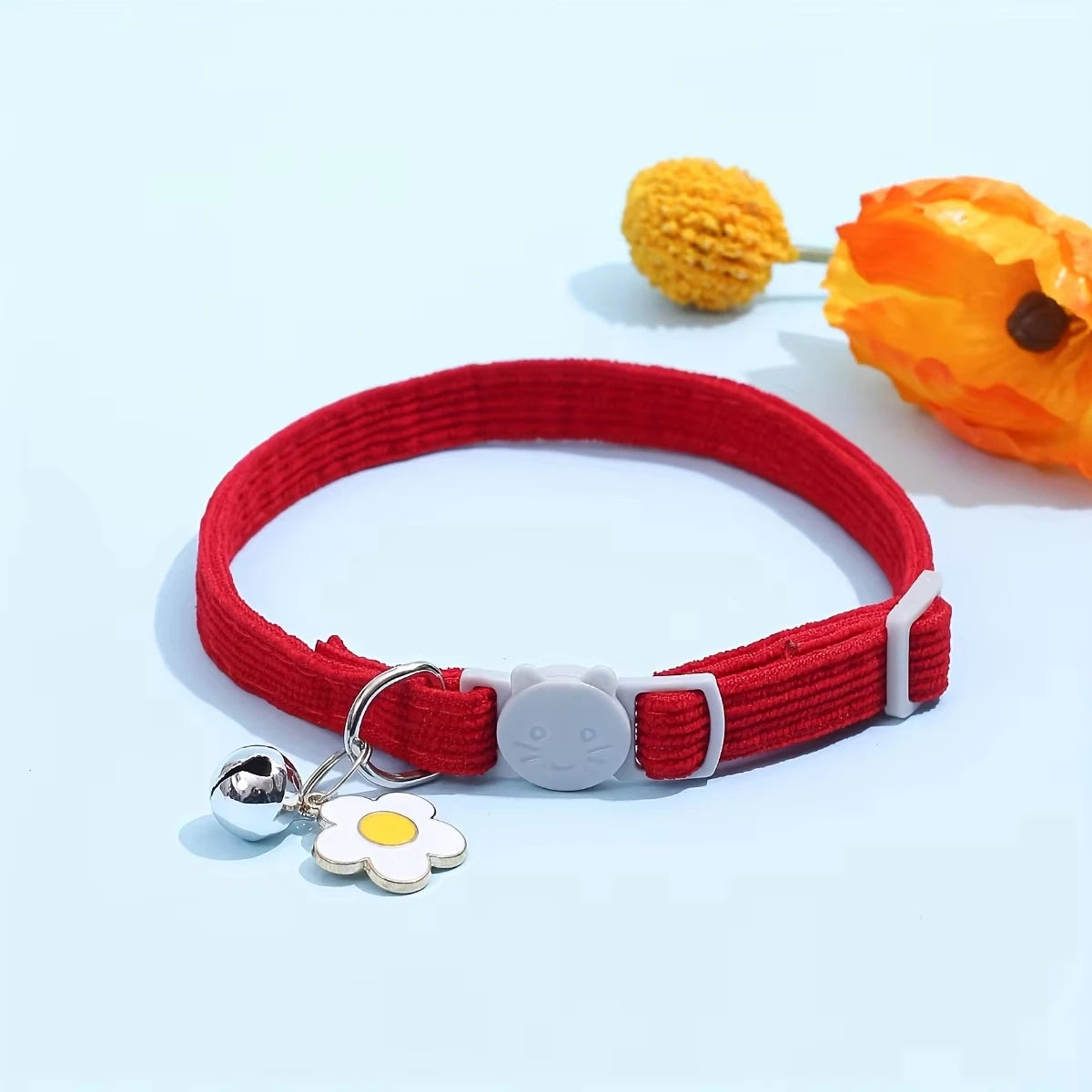 Adjustable Cat Collar with Bell, Safety Snap Hook, Polyester Material, Small Breed Recommended, Flower Charm Design