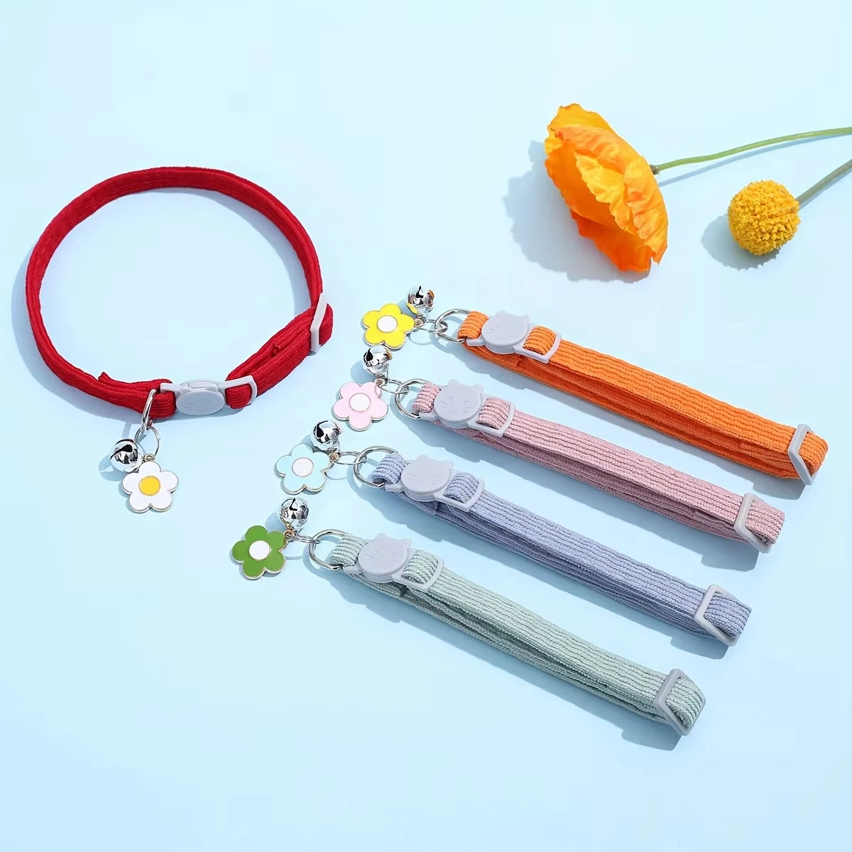 Adjustable Cat Collar with Bell, Safety Snap Hook, Polyester Material, Small Breed Recommended, Flower Charm Design