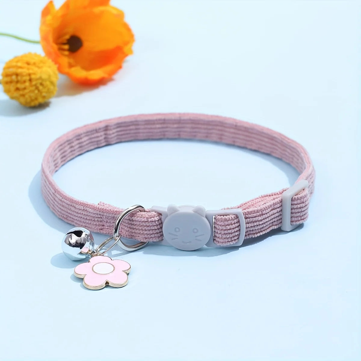 Adjustable Cat Collar with Bell, Safety Snap Hook, Polyester Material, Small Breed Recommended, Flower Charm Design