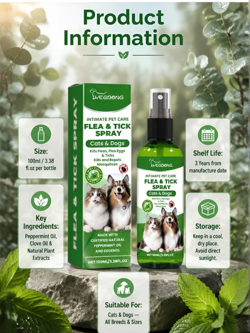 Gentle Cleaning Pet Flea Spray Safe Tick Control Non Toxic Plant Based Formula Fast Acting Flea Killer for Dogs, Cats